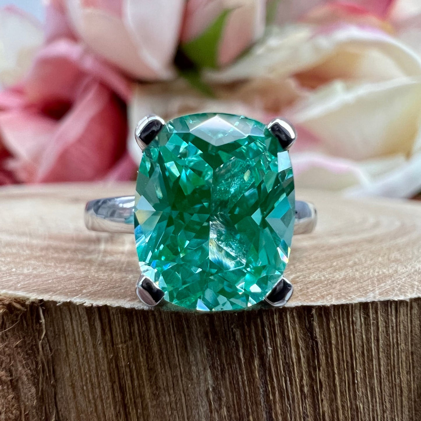Green Paraiba Tourmaline Elongated Cushion Cut Solitaire White Gold Unique Green Paraiba Wedding Promise Anniversary Band For Women  #7421