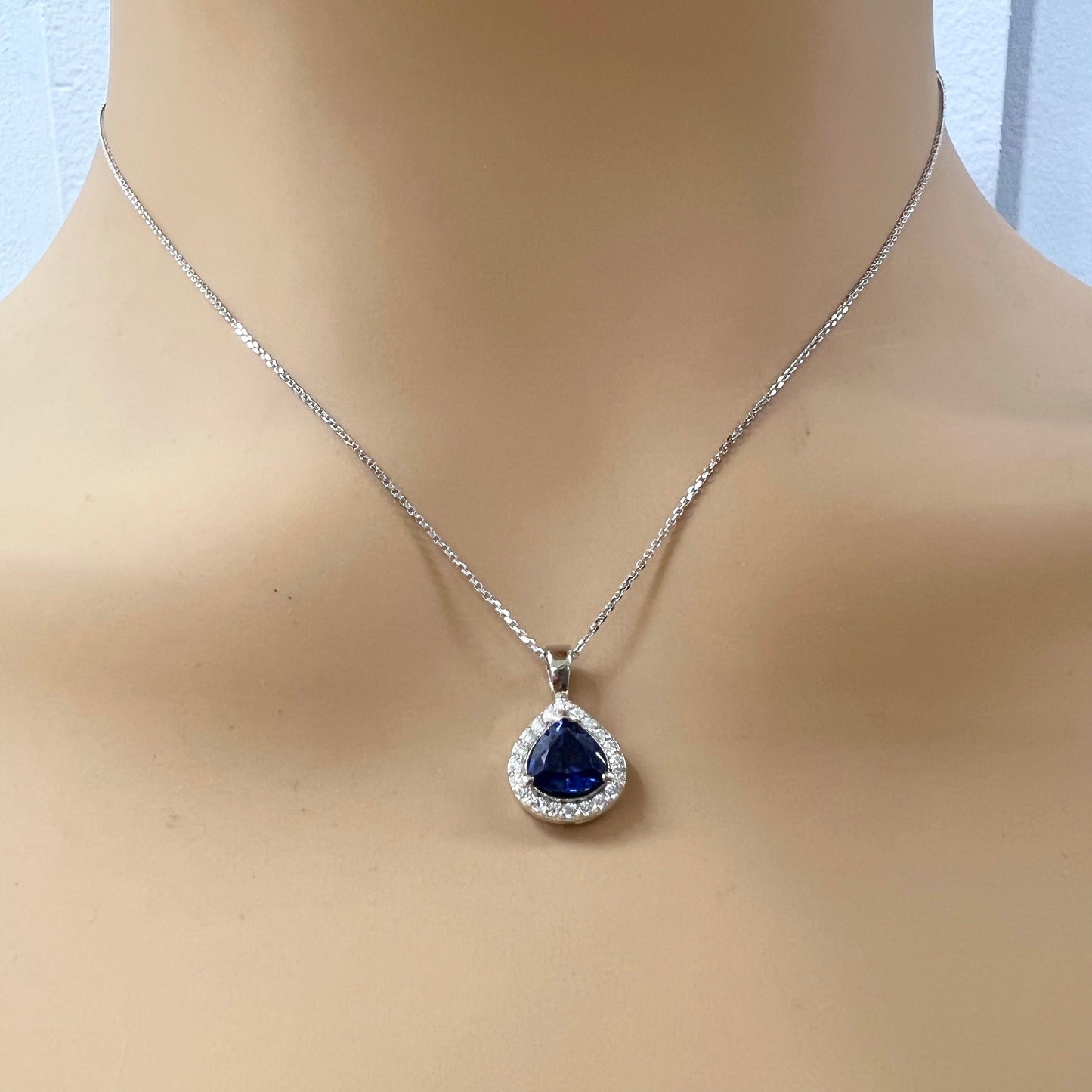 Trillion Blue Sapphire Pendant Necklace White Gold  Sapphire and Moissanite Halo Pendant Unique Wedding Anniversary Bridal Necklace    #7422