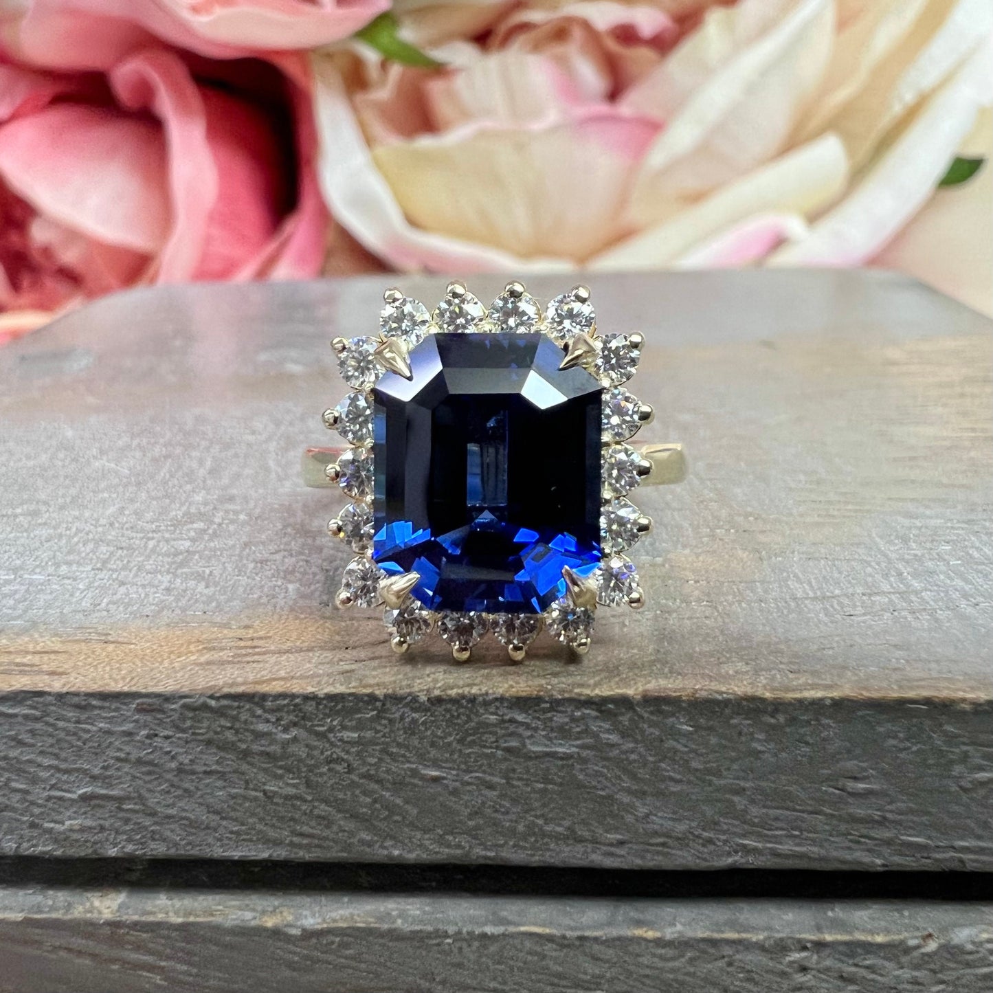 Blue Sapphire Engagement Rings For Women 14K White Gold, Unique Vintage Blue Sapphire Halo Engagement Ring, Emerald Cut Sapphire Rings