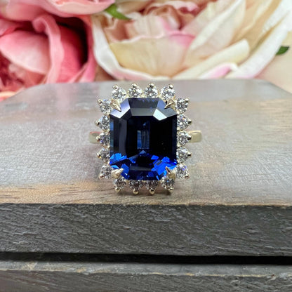 Blue Sapphire Engagement Rings For Women 14K White Gold, Unique Vintage Blue Sapphire Halo Engagement Ring, Emerald Cut Sapphire Rings
