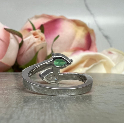 Emerald and Moissanite Pear Shape Bypass Ring White Gold Two Stone Engagement Ring For Women Birthstone Ring Unique Anniversary Rings  #7434
