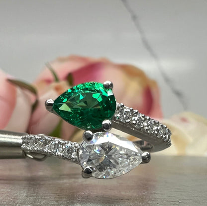 Emerald and Moissanite Pear Shape Bypass Ring White Gold Two Stone Engagement Ring For Women Birthstone Ring Unique Anniversary Rings  #7434