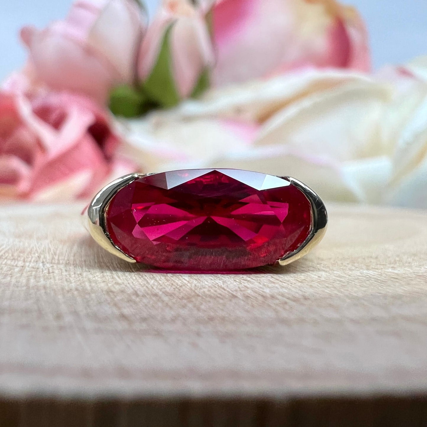 Elongated Oval Ruby East West White Gold Bezel Set ,  Ruby Statement Ring For Women , Unique Ruby Engagement Promise Anniversary Ring  #7433