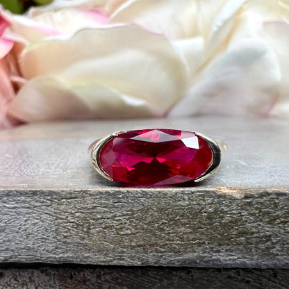 Elongated Oval Ruby East West White Gold Bezel Set ,  Ruby Statement Ring For Women , Unique Ruby Engagement Promise Anniversary Ring  #7433