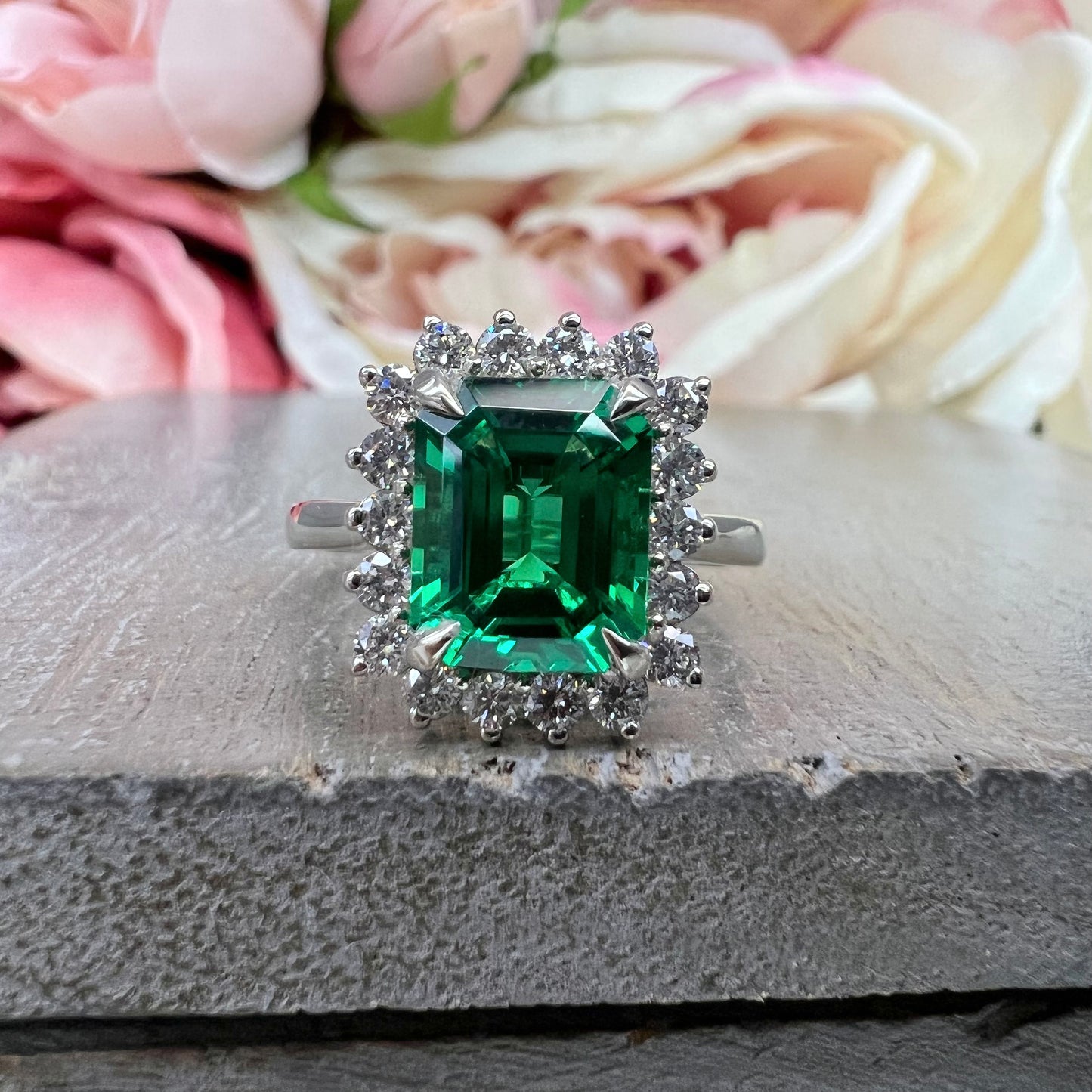 Emerald Cut  Engagement Ring  / Moissanite Halo Engagement Ring / 14k Yellow Gold / Emerald Ring
