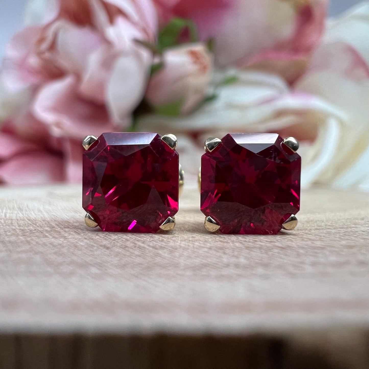 Radiant Cut Studs / Red Ruby Ladies Earring / Dainty Jewelry / 14k yellow Gold / #6229