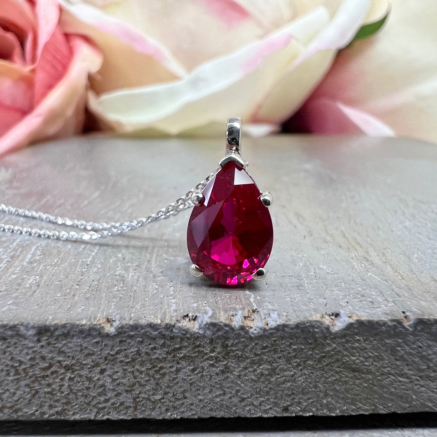 Ruby Pendant Necklace Pear Shape 14K Yellow Gold, Gold Teardrop Shape Simple Solitaire Necklace,  Ruby Pear Shape Pendant Bride Gift   #7019