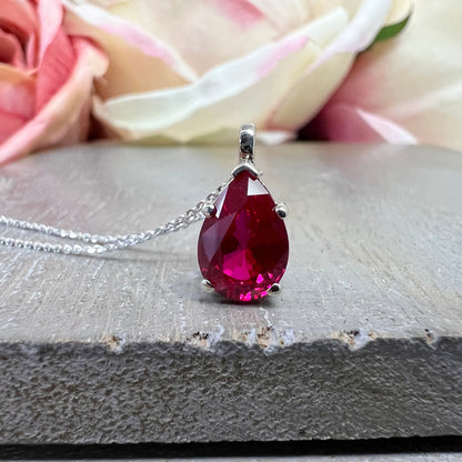 Ruby Pendant Necklace Pear Shape 14K Yellow Gold, Gold Teardrop Shape Simple Solitaire Necklace,  Ruby Pear Shape Pendant Bride Gift   #7019