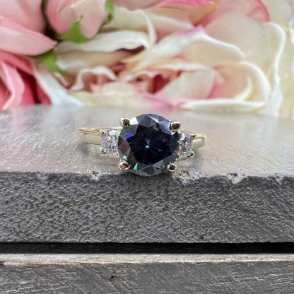 Certified Moissanite Round Charcoal Grey Engagement Ring With Round Accents In 14K White Gold