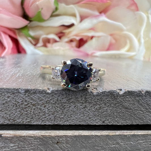 Certified Moissanite Round Charcoal Grey Engagement Ring With Round Accents In 14K White Gold