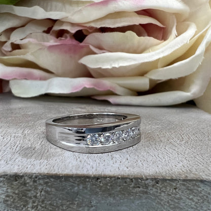 Mens Moissanite Wedding Band White Gold Six Stone Moissanite Wedding Band Unique Mens Band Moissanite Anniversary Band Ring For Men  #7428