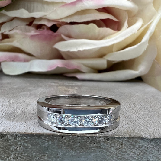 Mens Moissanite Wedding Band White Gold Six Stone Moissanite Wedding Band Unique Mens Band Moissanite Anniversary Band Ring For Men  #7428