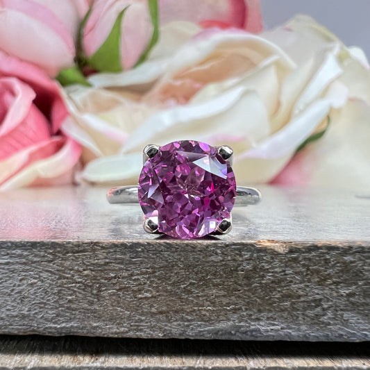 Round Pink Sapphire Solitaire Ladies Ring, Round Extra Facet Solitaire Engagement Ring, 14k White Gold Pink Sapphire Statement Ring    #6465