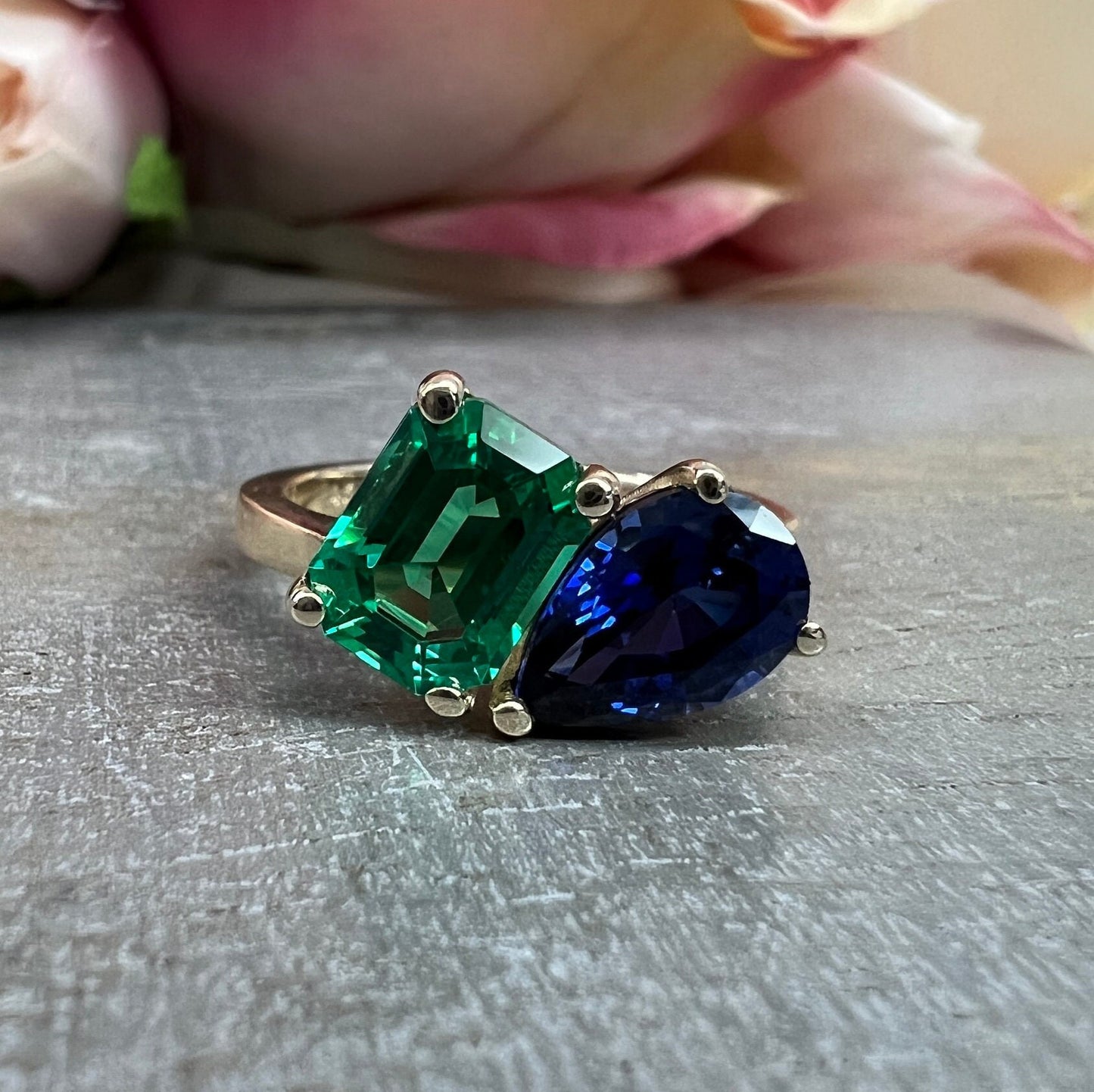 Toi Et Moi Ring Pear and Emerald Cut Engagement Ring White Gold Emerald and Ruby Toi Et Moi Promise Wedding Anniversary Ladies Rings #7397