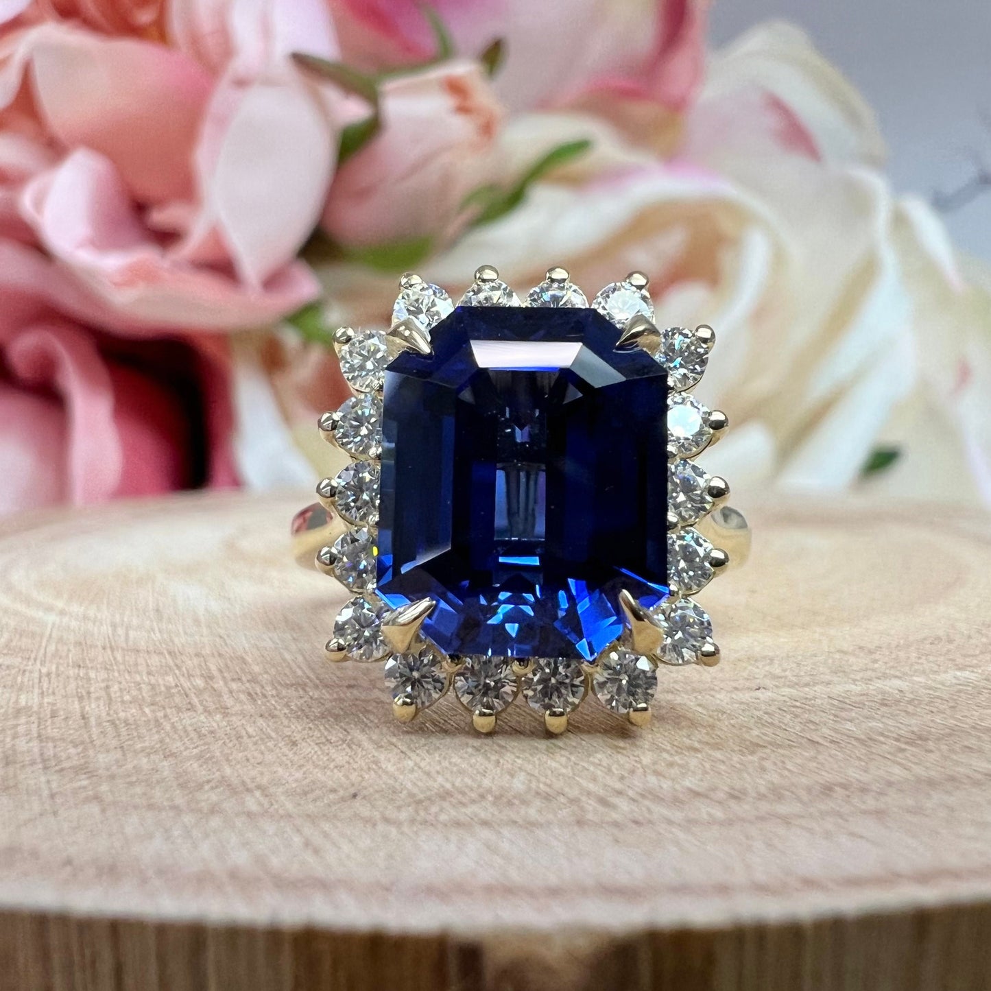 Emerald Cut Blue Sapphire and Moissanite Halo Diamond Engagement Ring Blue Sapphire Statement Ring Women Unique Wedding Promise Ring #7431