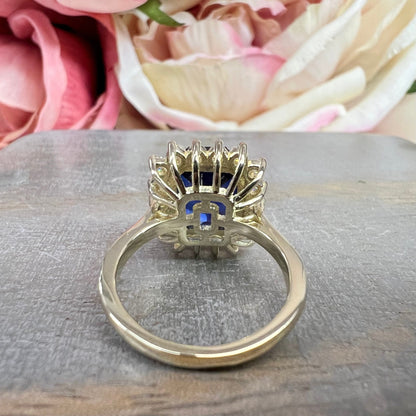 Emerald Cut Blue Sapphire and Moissanite Halo Diamond Engagement Ring Blue Sapphire Statement Ring Women Unique Wedding Promise Ring #7431