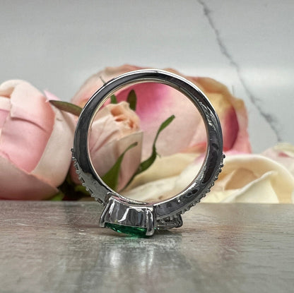 Emerald and Moissanite Pear Shape Bypass Ring White Gold Two Stone Engagement Ring For Women Birthstone Ring Unique Anniversary Rings  #7434
