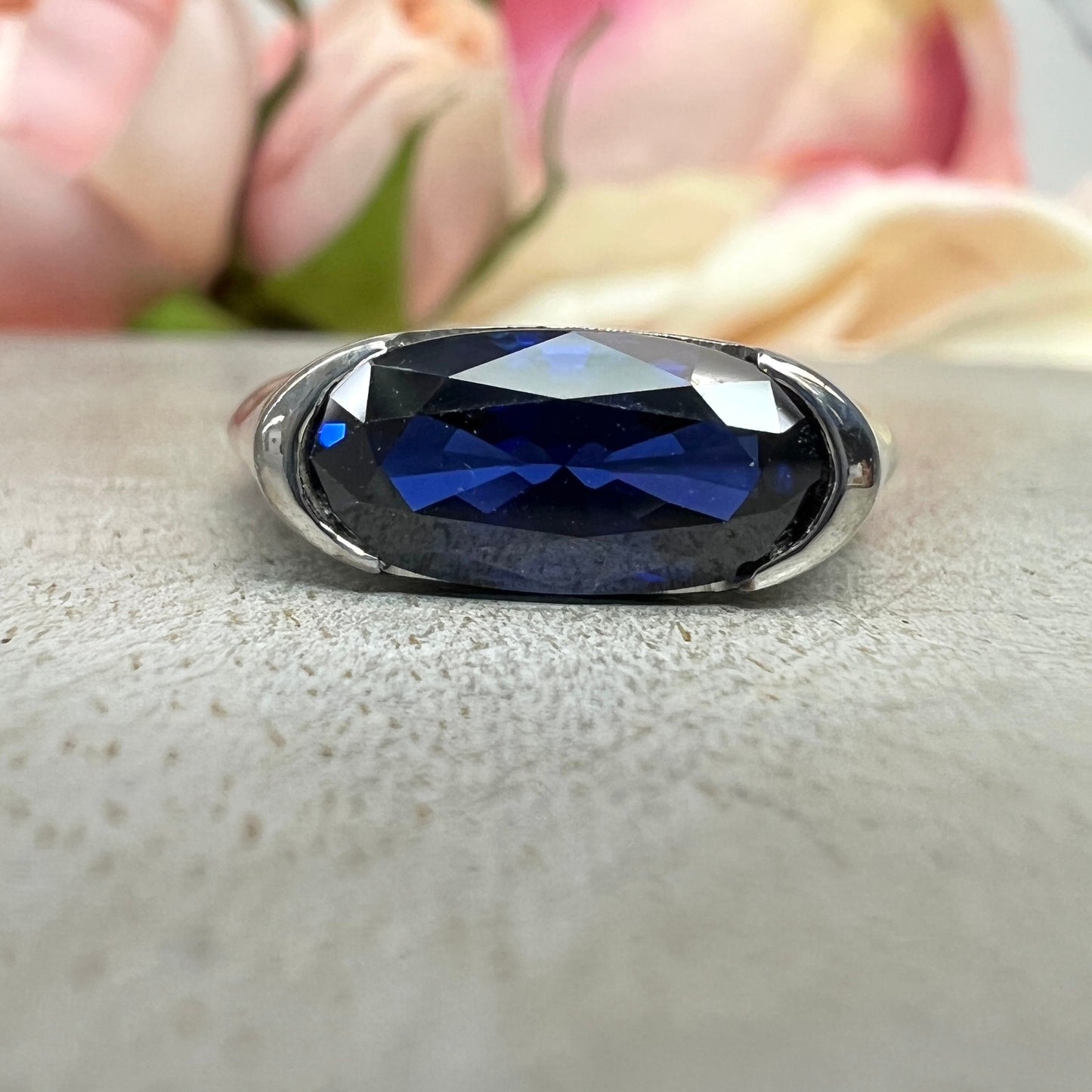 Elongated Oval Blue Sapphire East West Ring  White Gold Bezel Set Statement Ring For Women Unique  Engagement Promise Anniversary Ring  7433