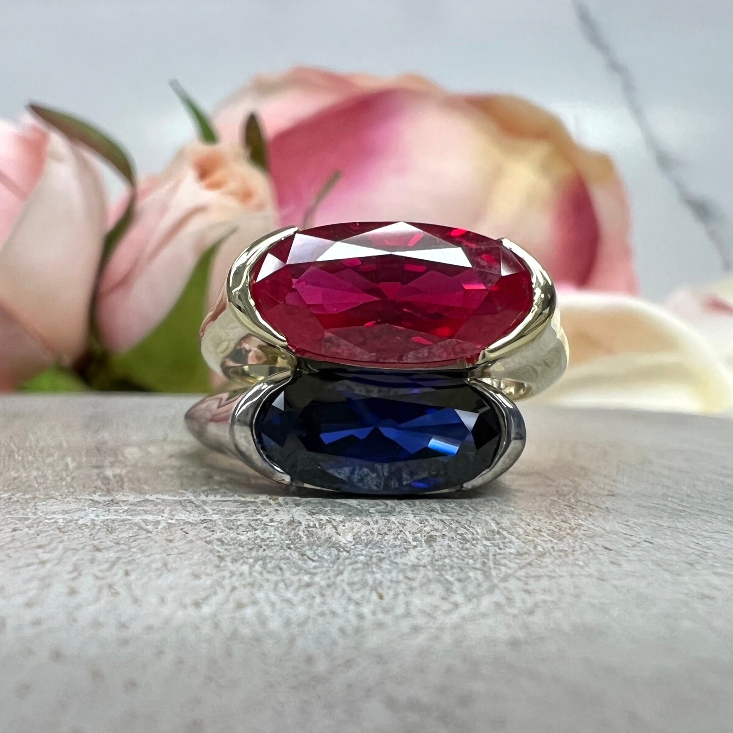 Elongated Oval Ruby East West White Gold Bezel Set ,  Ruby Statement Ring For Women , Unique Ruby Engagement Promise Anniversary Ring  #7433