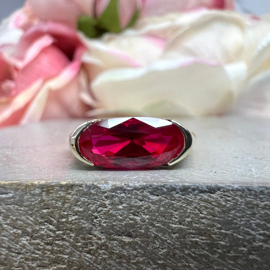 Elongated Oval Ruby East West White Gold Bezel Set ,  Ruby Statement Ring For Women , Unique Ruby Engagement Promise Anniversary Ring  #7433