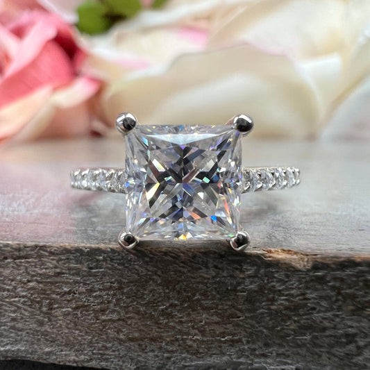 Moissanite Engagement Ring Princess Cut 14K Solid White Gold, Simple Moissanite Engagement Ring For Ladies Solitaire Princess Cut Ring #7436