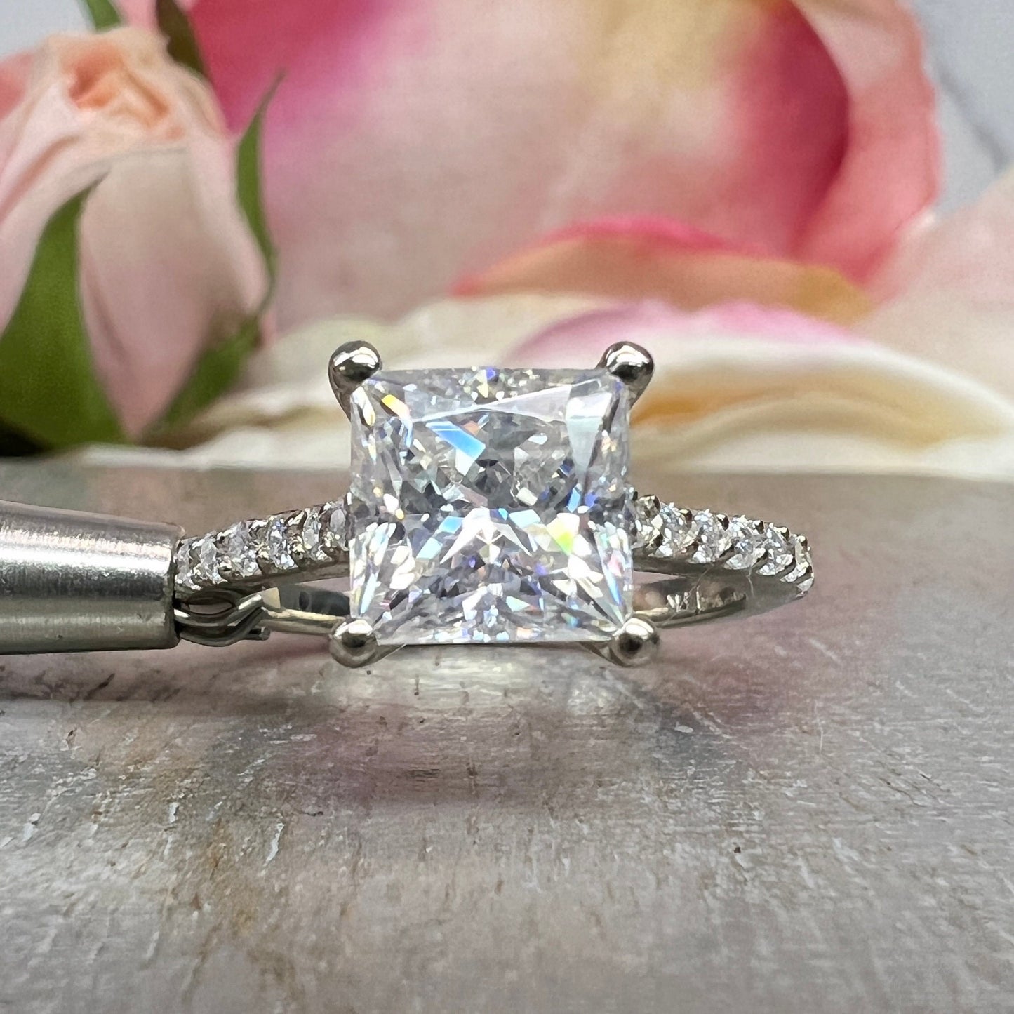 Moissanite Engagement Ring Princess Cut 14K Solid White Gold, Simple Moissanite Engagement Ring For Ladies Solitaire Princess Cut Ring #7436