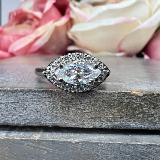 Marquis Moissanite Sideways Ring Halo White Gold Unique Evil Eye Moissanite Ring Sideways Marquis Anniversary Wedding Promise Ring  #7437