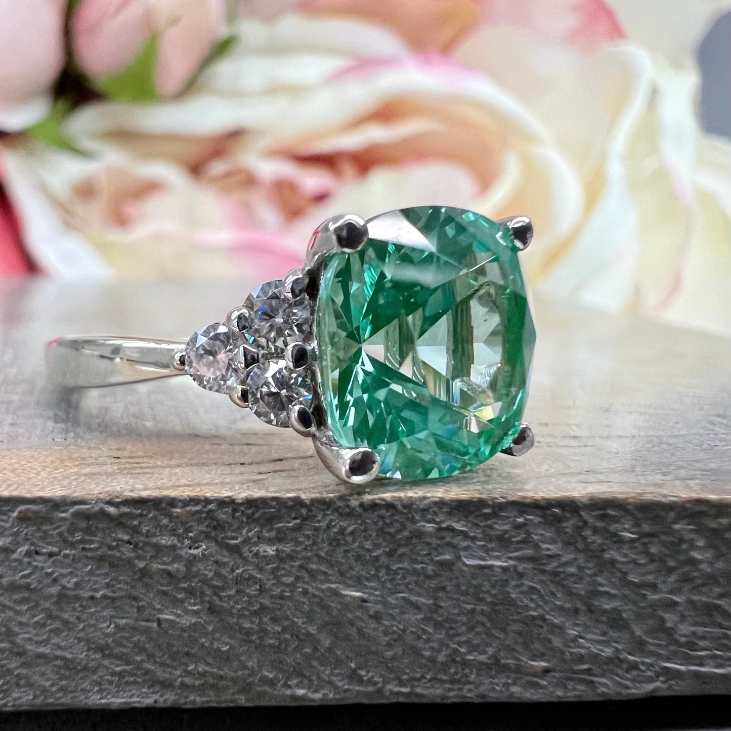 Paraiba Green Tourmaline Cushion Cut Engagement Ring , 14k Gold Cushion Cut and Round Diamond Cluster Ring , Round Moissanite Accents  #6525