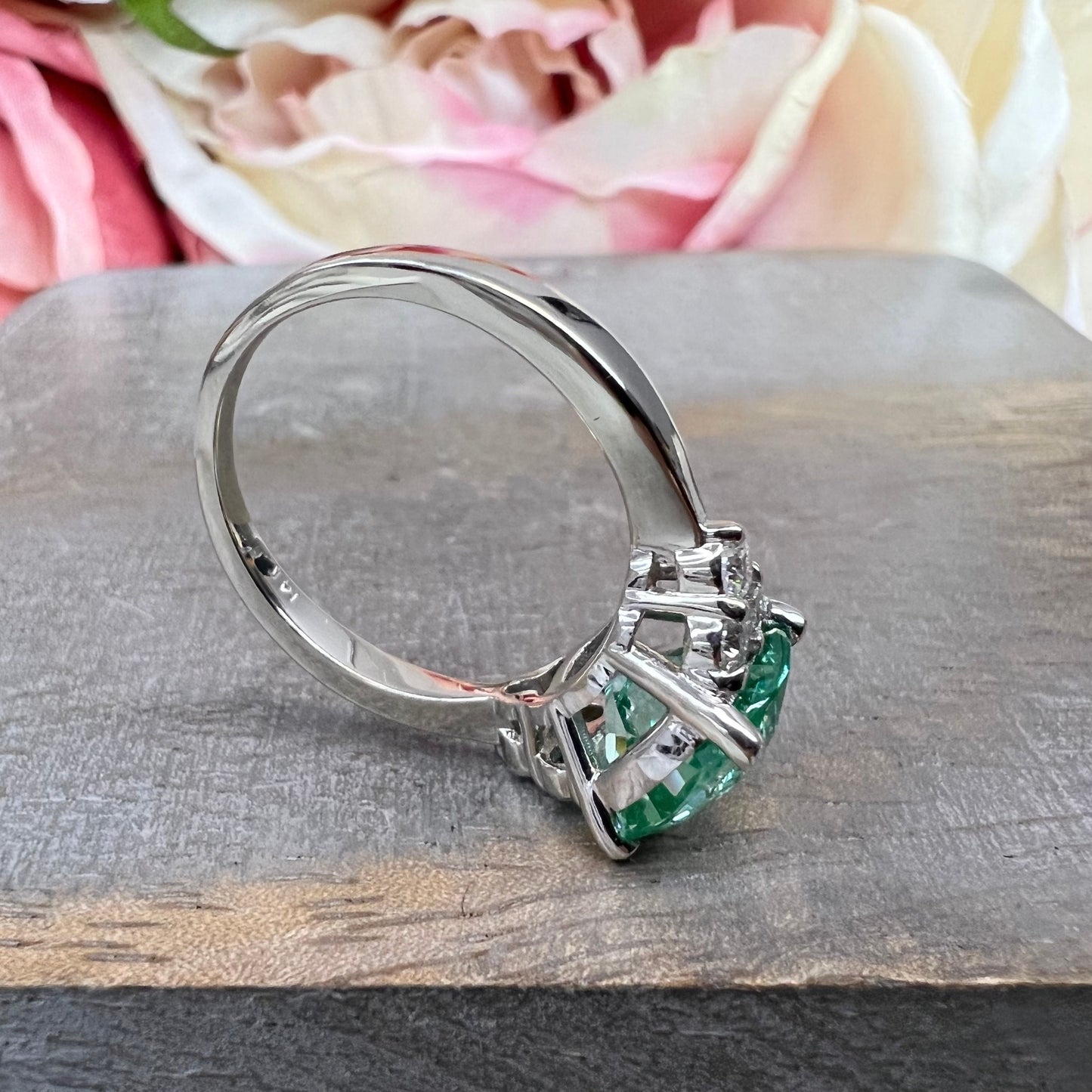 Paraiba Green Tourmaline Cushion Cut Engagement Ring , 14k Gold Cushion Cut and Round Diamond Cluster Ring , Round Moissanite Accents  #6525