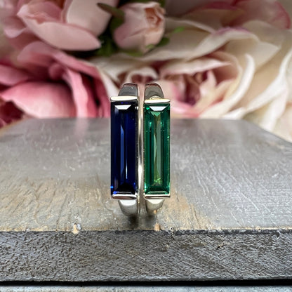 Elongated Baguette Shaped  Blue Sapphire Stackable Ring White Gold, September Birthstone Stacking Gold Ring, Bezel Set Stacking Ring   #7459