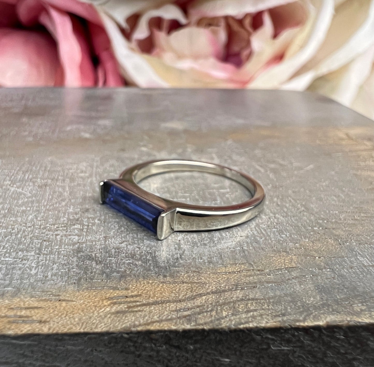 Elongated Baguette Shaped  Blue Sapphire Stackable Ring White Gold, September Birthstone Stacking Gold Ring, Bezel Set Stacking Ring   #7459