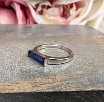 Elongated Baguette Shaped  Blue Sapphire Stackable Ring White Gold, September Birthstone Stacking Gold Ring, Bezel Set Stacking Ring   #7459