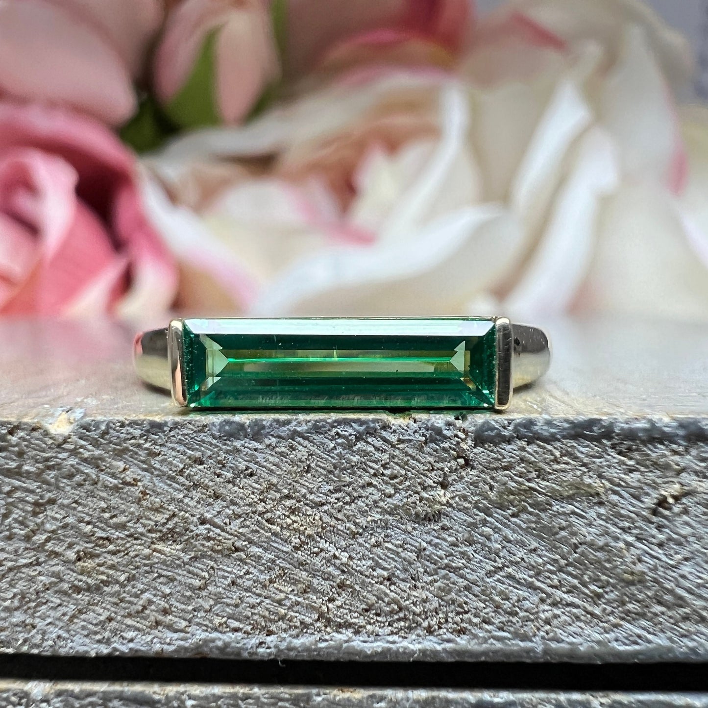 Elongated Baguette Shaped Green Emerald  Stackable Ring Yellow Gold,  Emerald  Birthstone Stacking Gold Ring, Bezel Set Stacking Ring  #7459