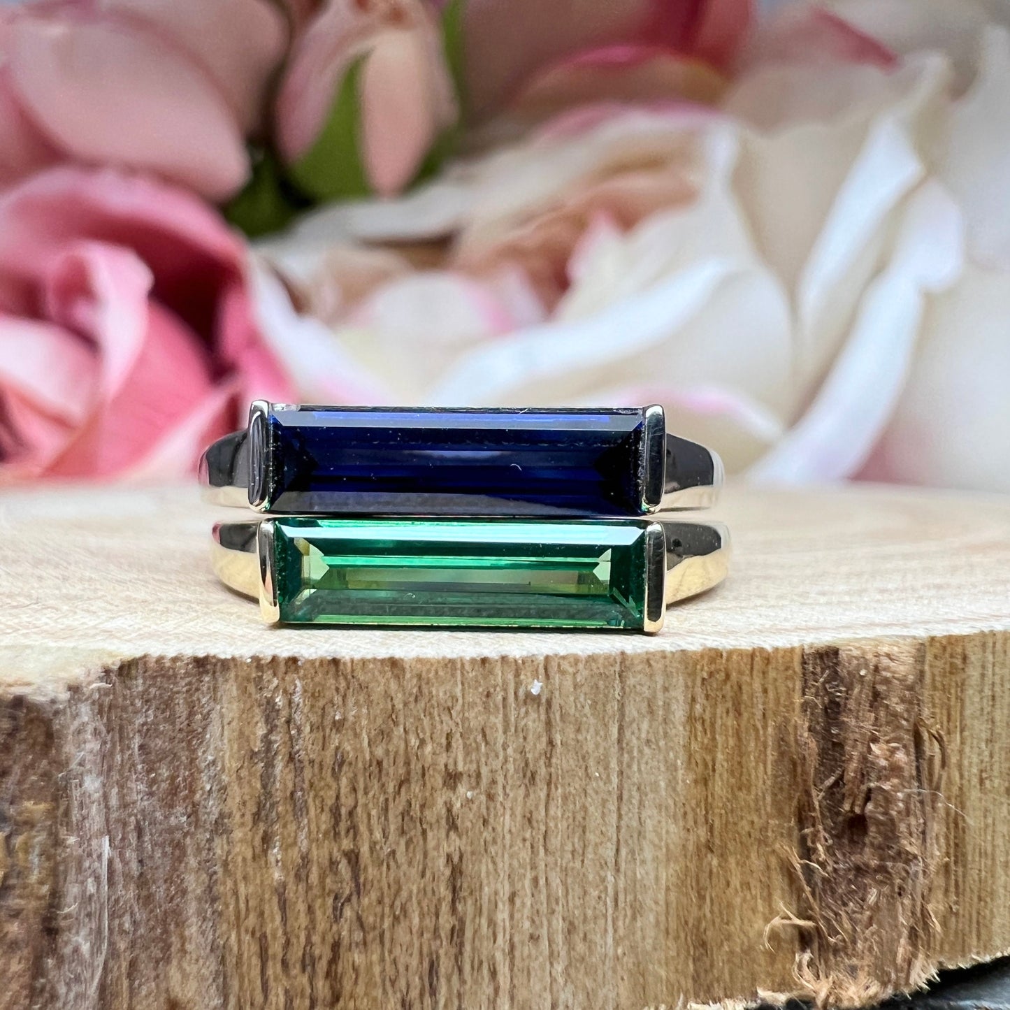 Elongated Baguette Shaped Green Emerald  Stackable Ring Yellow Gold,  Emerald  Birthstone Stacking Gold Ring, Bezel Set Stacking Ring  #7459