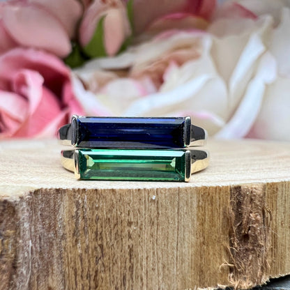 Elongated Baguette Shaped Green Emerald  Stackable Ring Yellow Gold,  Emerald  Birthstone Stacking Gold Ring, Bezel Set Stacking Ring  #7459
