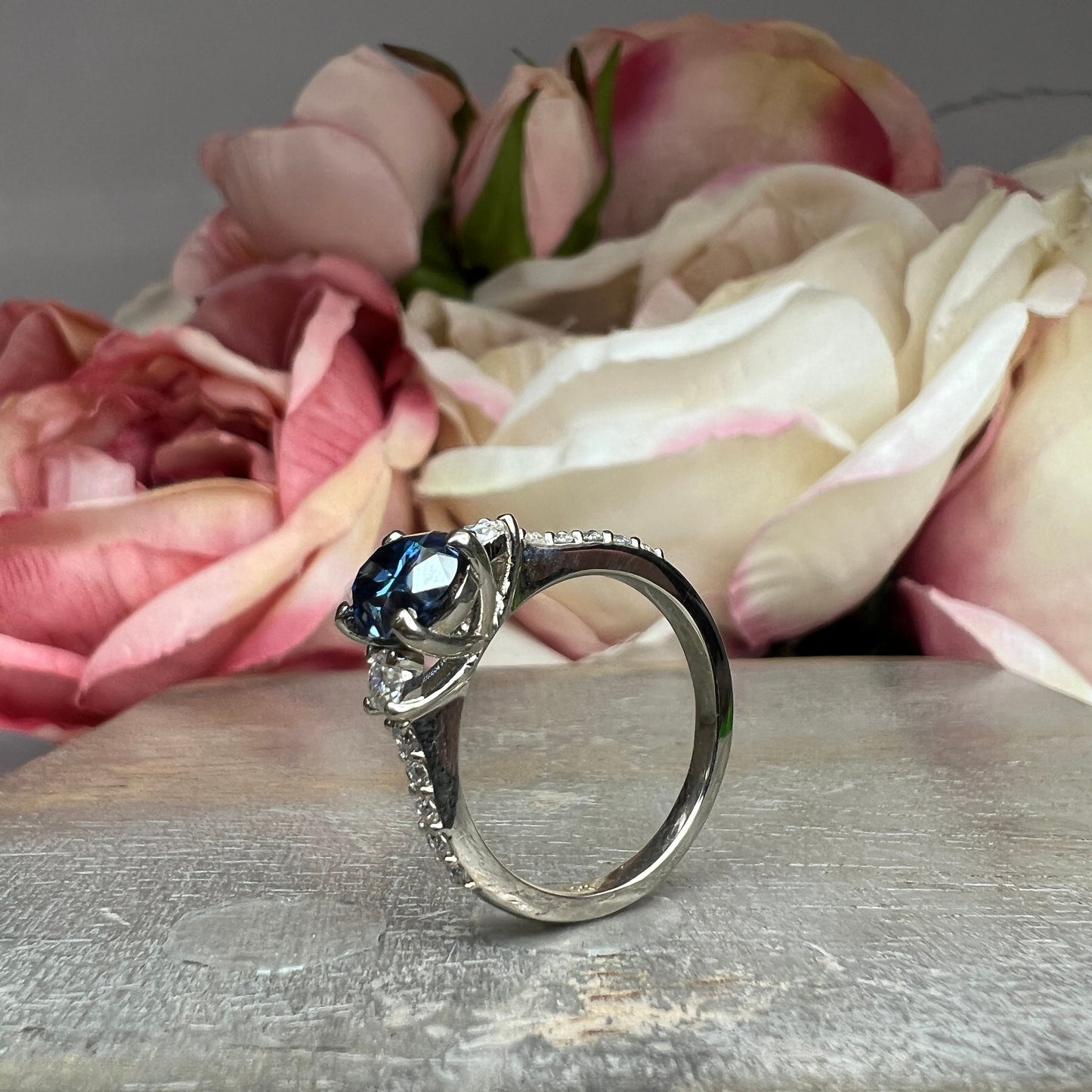 Blue/Grey Moissanite Engagement Ring White Gold, Unique Blue Moissanite Wedding Ring Oval Cut Vintage Style Moissanite Engagement Ring