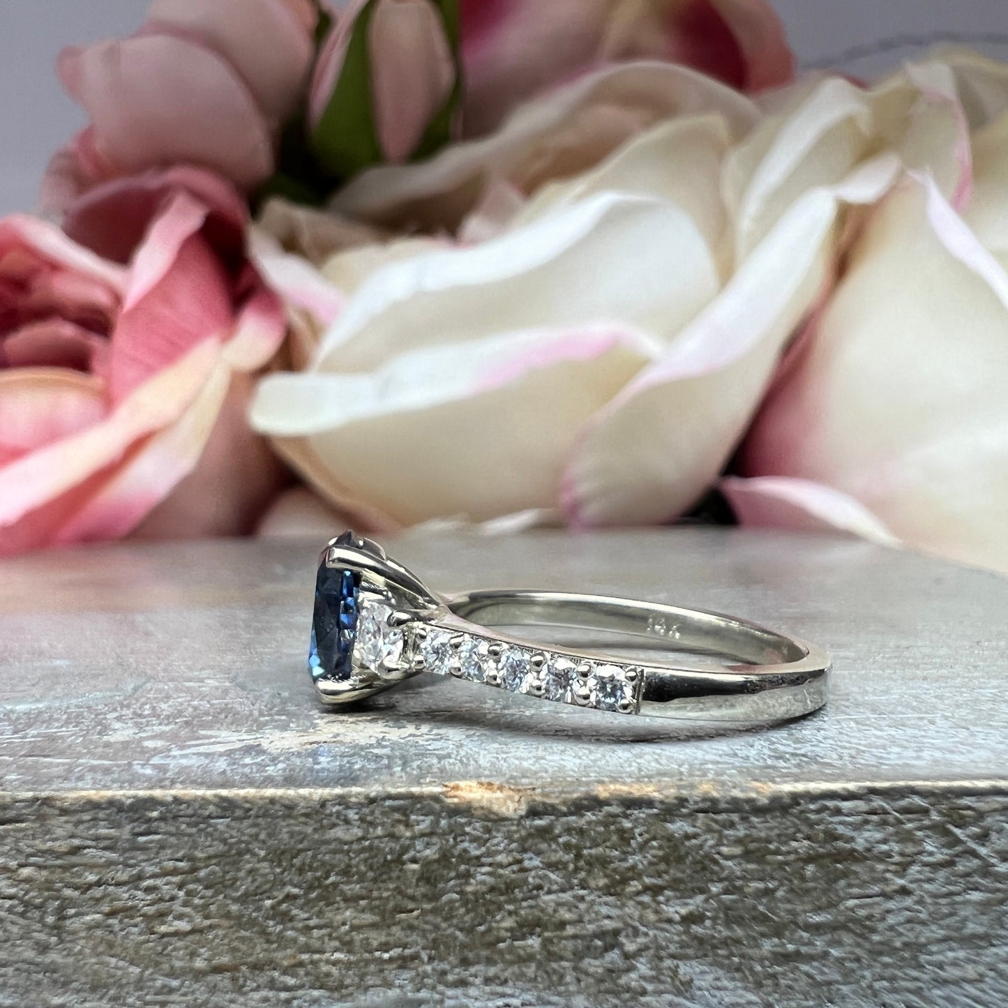 Blue/Grey Moissanite Engagement Ring White Gold, Unique Blue Moissanite Wedding Ring Oval Cut Vintage Style Moissanite Engagement Ring