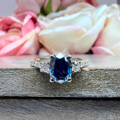 Blue/Grey Moissanite Engagement Ring White Gold, Unique Blue Moissanite Wedding Ring Oval Cut Vintage Style Moissanite Engagement Ring