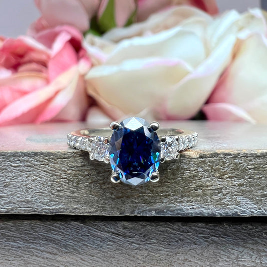 Blue/Grey Moissanite Engagement Ring White Gold, Unique Blue Moissanite Wedding Ring Oval Cut Vintage Style Moissanite Engagement Ring