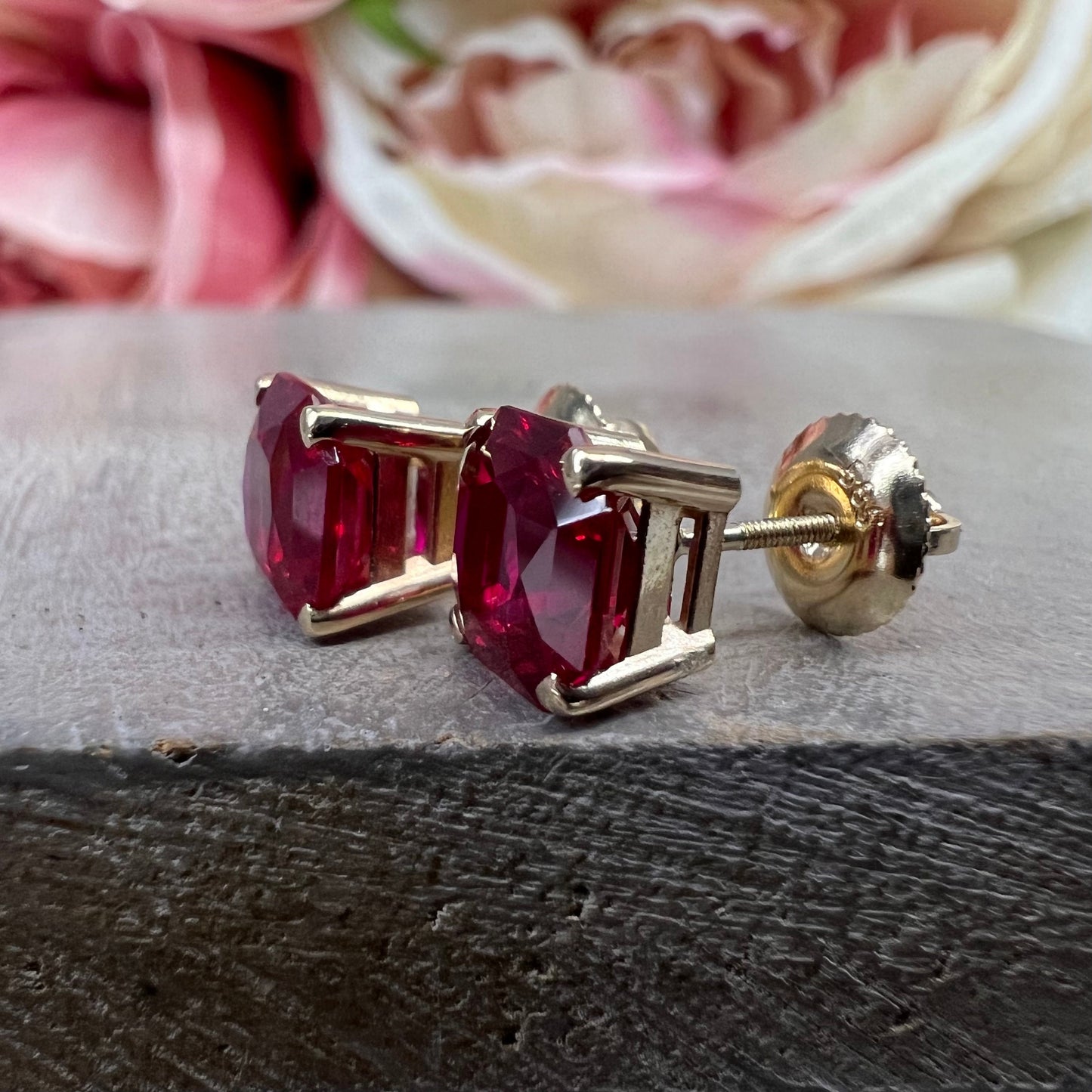 Radiant Cut Studs / Red Ruby Ladies Earring / Dainty Jewelry / 14k yellow Gold / #6229