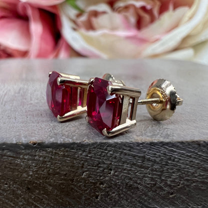 Radiant Cut Studs / Red Ruby Ladies Earring / Dainty Jewelry / 14k yellow Gold / #6229