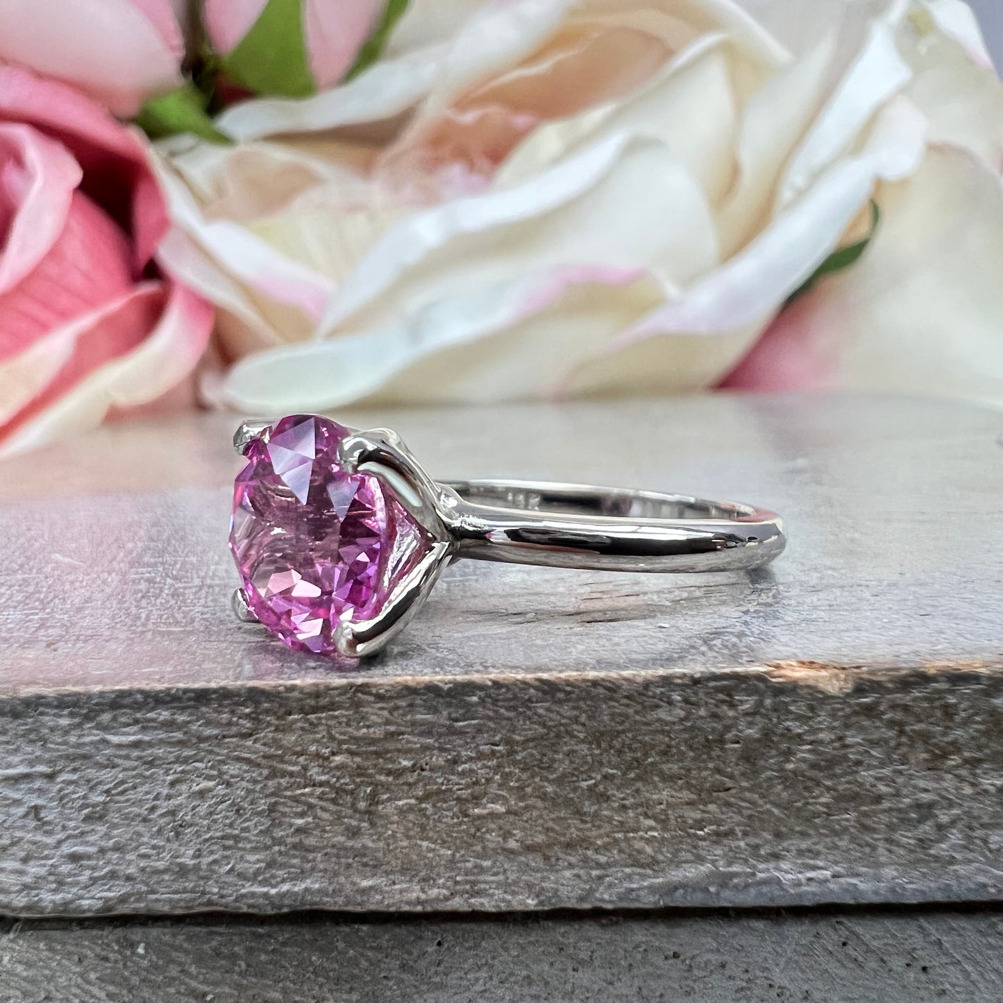 Round Pink Sapphire Solitaire Ladies Ring, Round Extra Facet Solitaire Engagement Ring, 14k White Gold Pink Sapphire Statement Ring    #6465