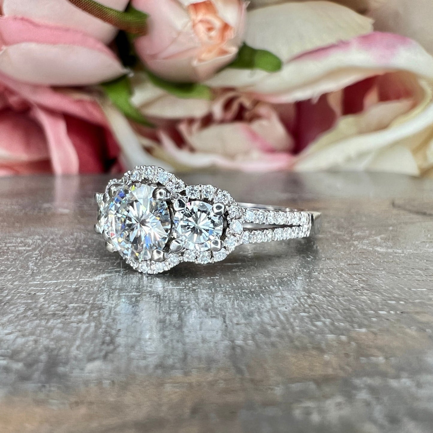 Three Stone Round Halo Diamond Engagement Ring White Gold Vintage Style Round Engagement Ring Halo Setting Past Present Future Rings  #4059