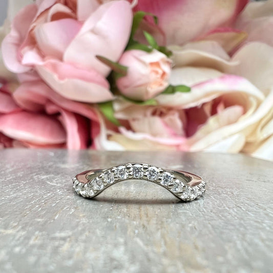 Round Cut Pave Diamond Wedding Band For Women, Curved Matching Band Diamond Wedding Ring, 14k Gold Moissanite Curved Anniversary Ring  #7478