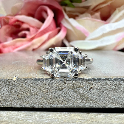 Moissanite Asscher Cut Engagement Ring, Asscher Ring With Trapezoid Accents Moissanite Ring, 14k White Gold Ladies Moissanite Ring  #6705