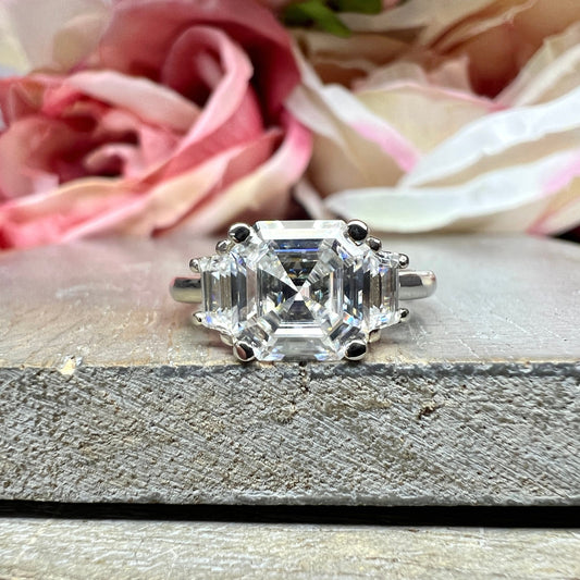 Moissanite Asscher Cut Engagement Ring, Asscher Ring With Trapezoid Accents Moissanite Ring, 14k White Gold Ladies Moissanite Ring  #6705