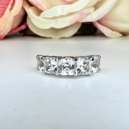 Radiant cut moissanite band, five stone square shape wedding ring, 3.75ctw, 14k white gold #6004