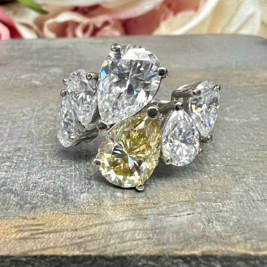 Pear Shaped Six Stone Cluster Engagement Ring White Gold, Unique Pear Shaped Anniversary Wedding Promise Ring, Mothers Birthstone Ring #7480