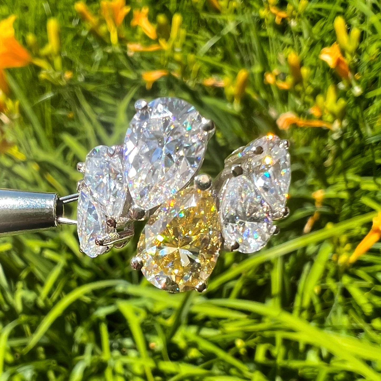Pear Shaped Six Stone Cluster Engagement Ring White Gold, Unique Pear Shaped Anniversary Wedding Promise Ring, Mothers Birthstone Ring #7480