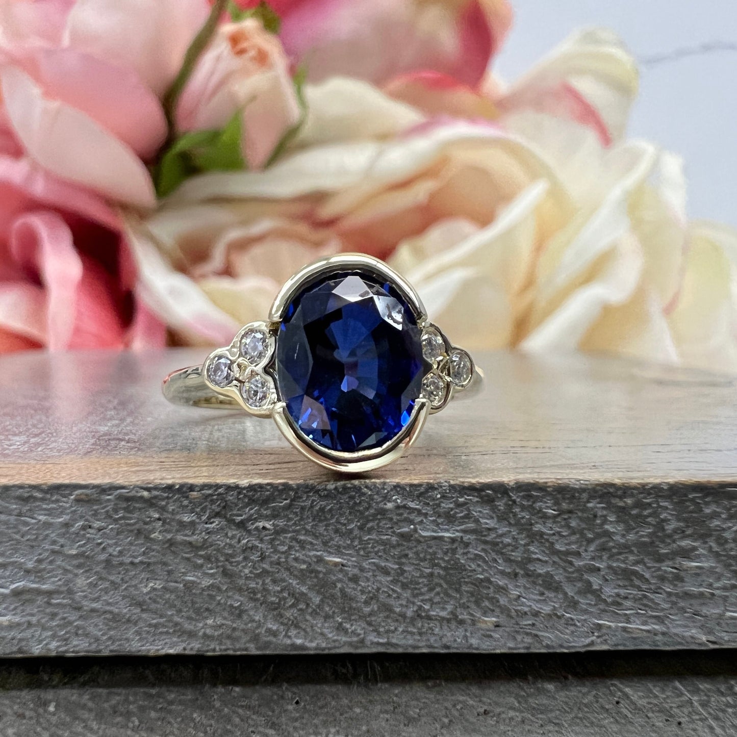 Oval  blue sapphire with round diamond accents engagement ring, 2.20ctw, 14k white gold #6069